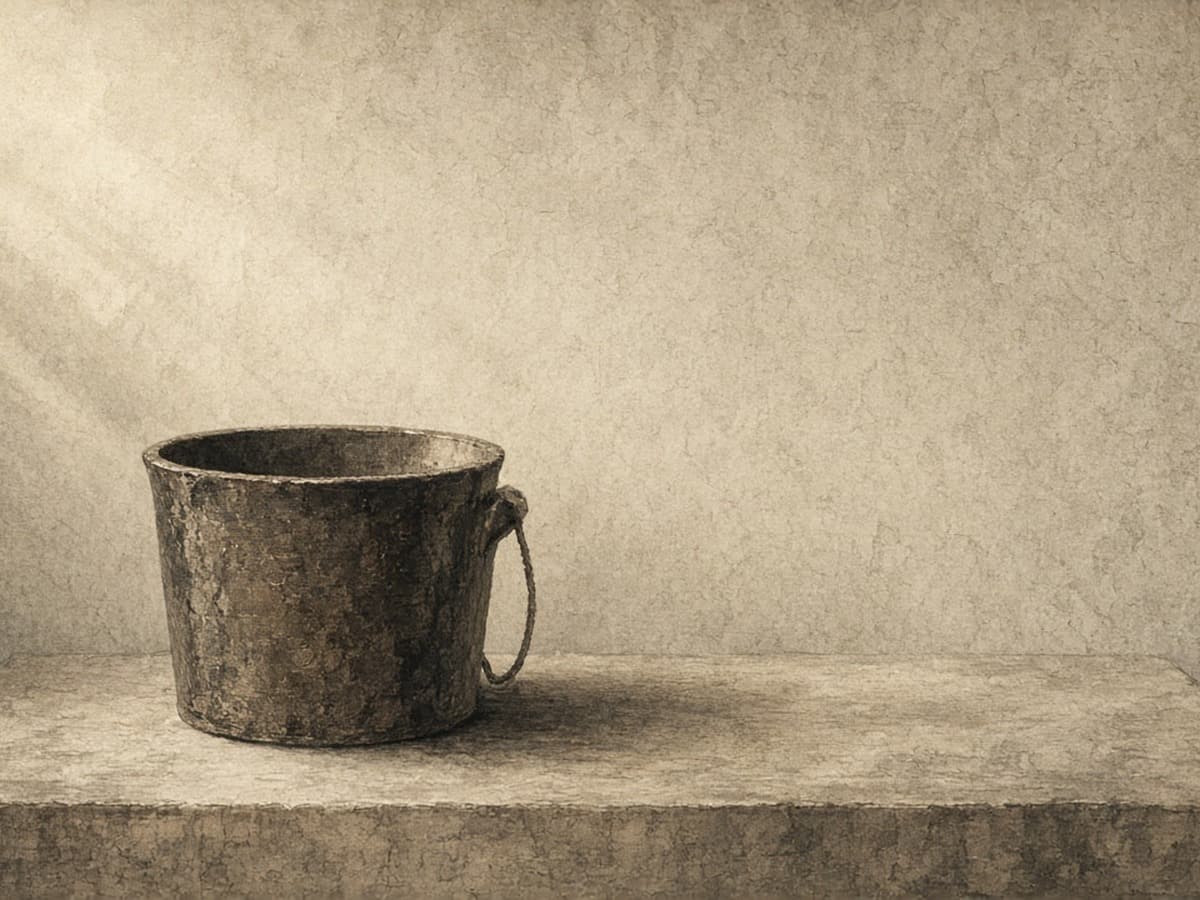 An empty grain measure at a quiet court table — scarcity-year counsel, not spectacle