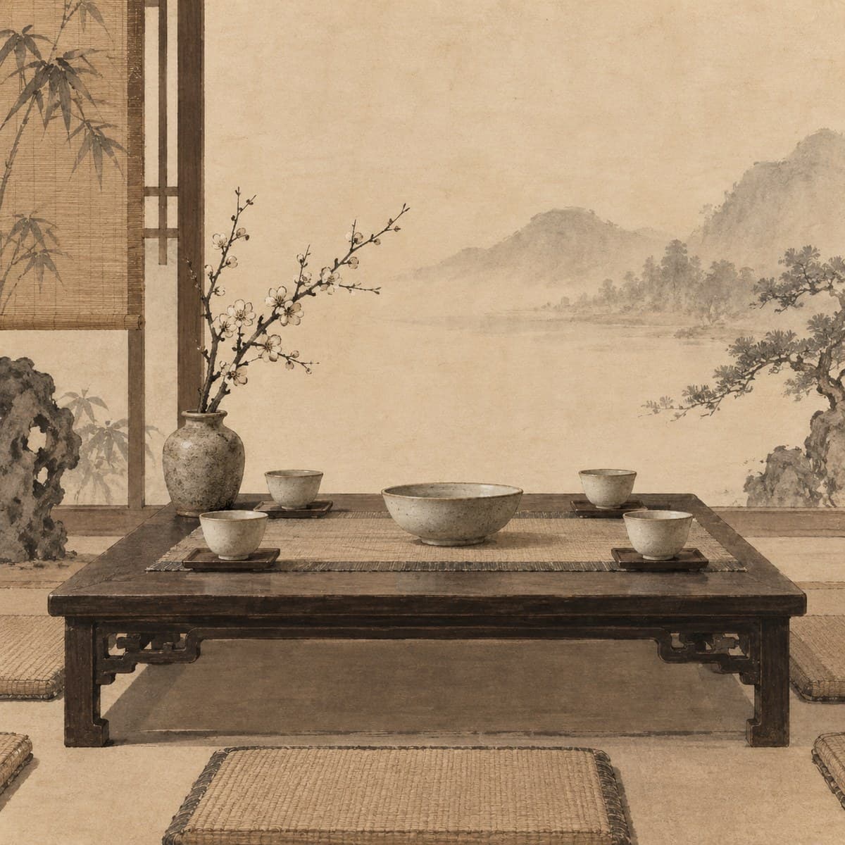 A quiet court table with empty cups in place — roles settled, no spectacle