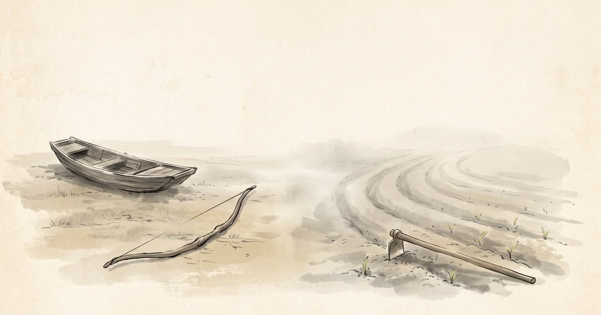 A bow and a boat left on dry land beside a freshly tilled field — the comparison in Nan Gong Kuo's question