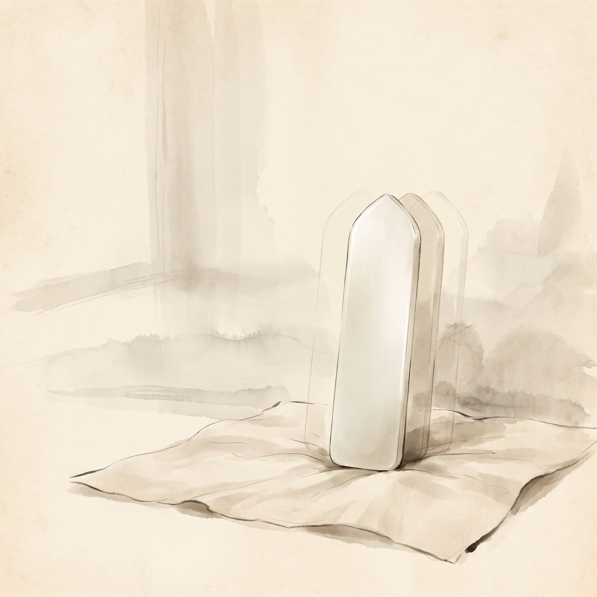 A plain white jade tablet with three faint echoes of itself — lines recited again and again