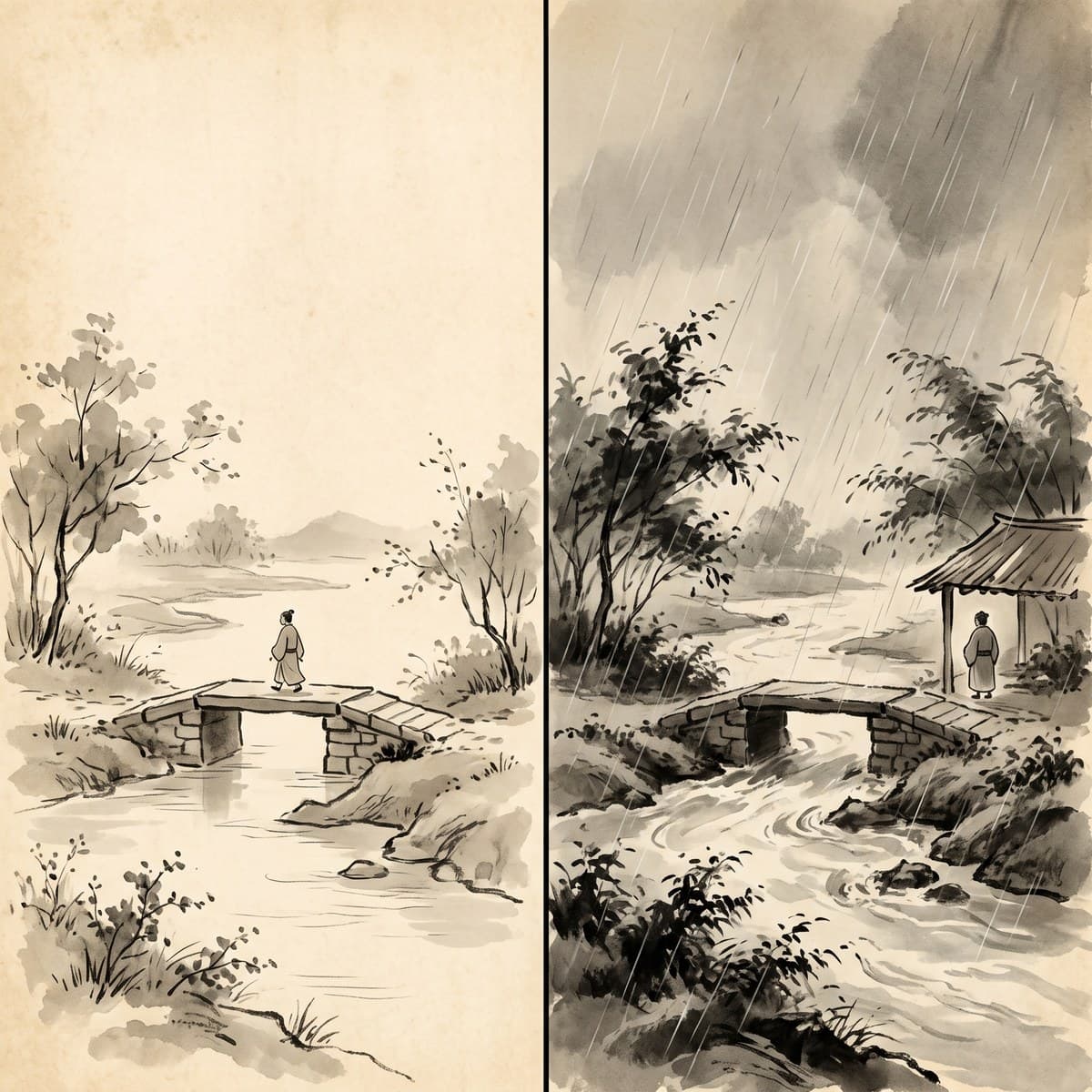 One footbridge in calm light and in a storm, the same small figure unharmed in both — conduct under good and bad government