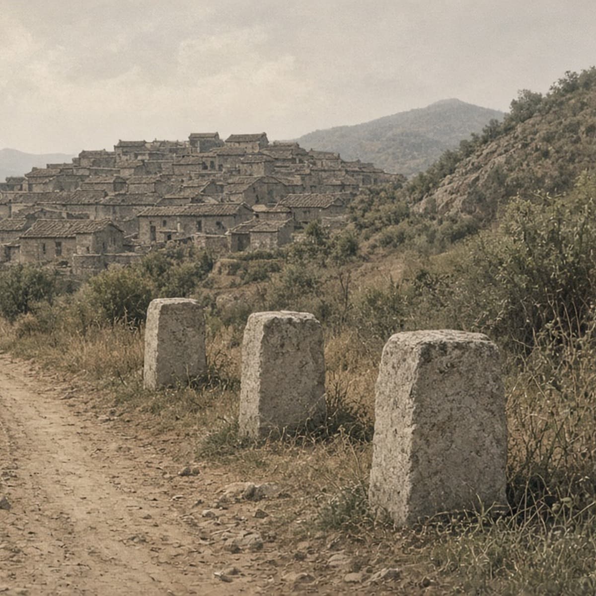 A road into a crowded settlement with three quiet milestones suggesting people, wealth, then teaching