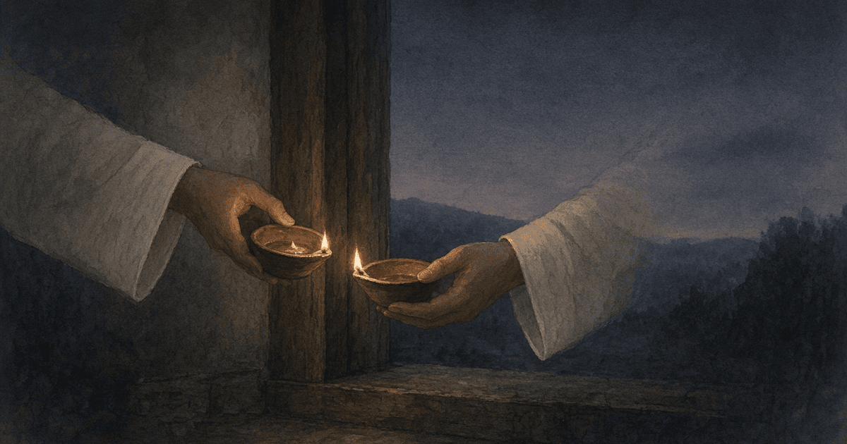 A lit lamp passing its flame across a dim threshold to a second lamp — a culture passed from hand to hand