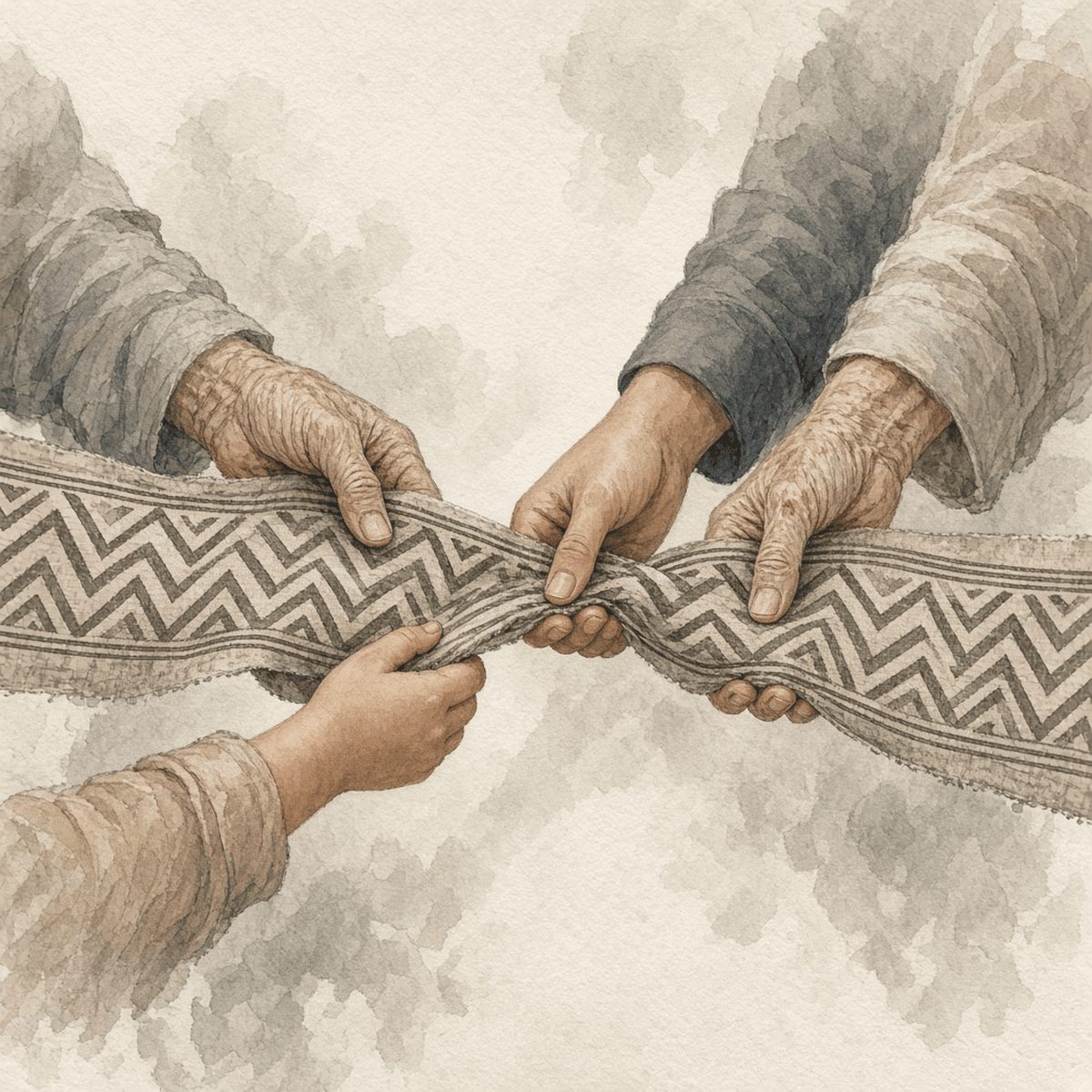 Many hands of different ages each holding a small piece of the same woven pattern — the way of Wen and Wu kept among people