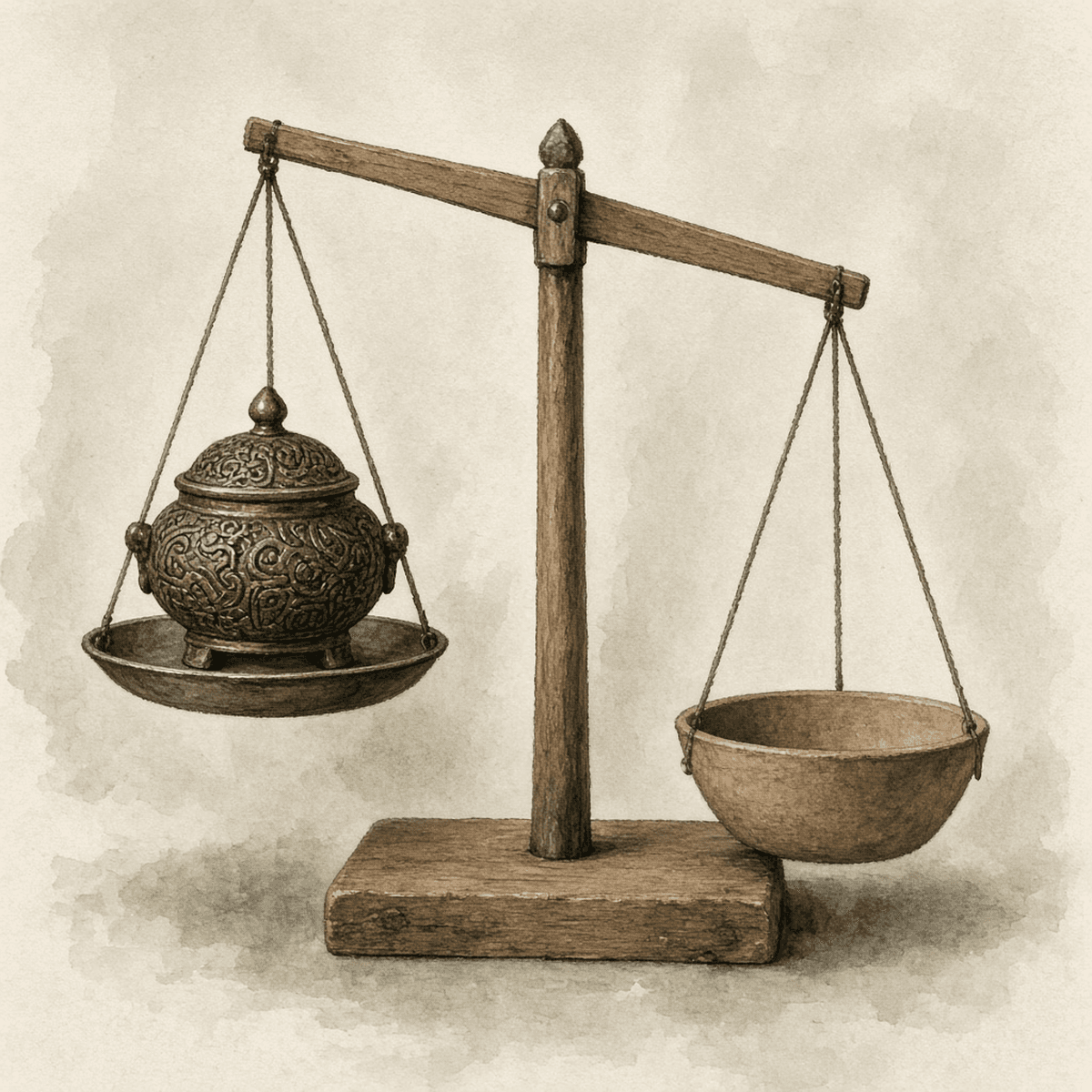 A finely made bronze vessel set on a balance scale against a small plain bowl, the scale tipping toward the plain bowl