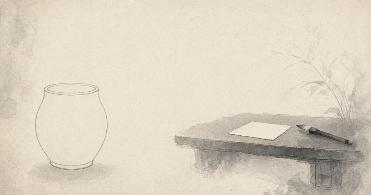 Empty vessel outline beside a quiet study desk — junzi as not a fixed vessel (Analects 2.12)
