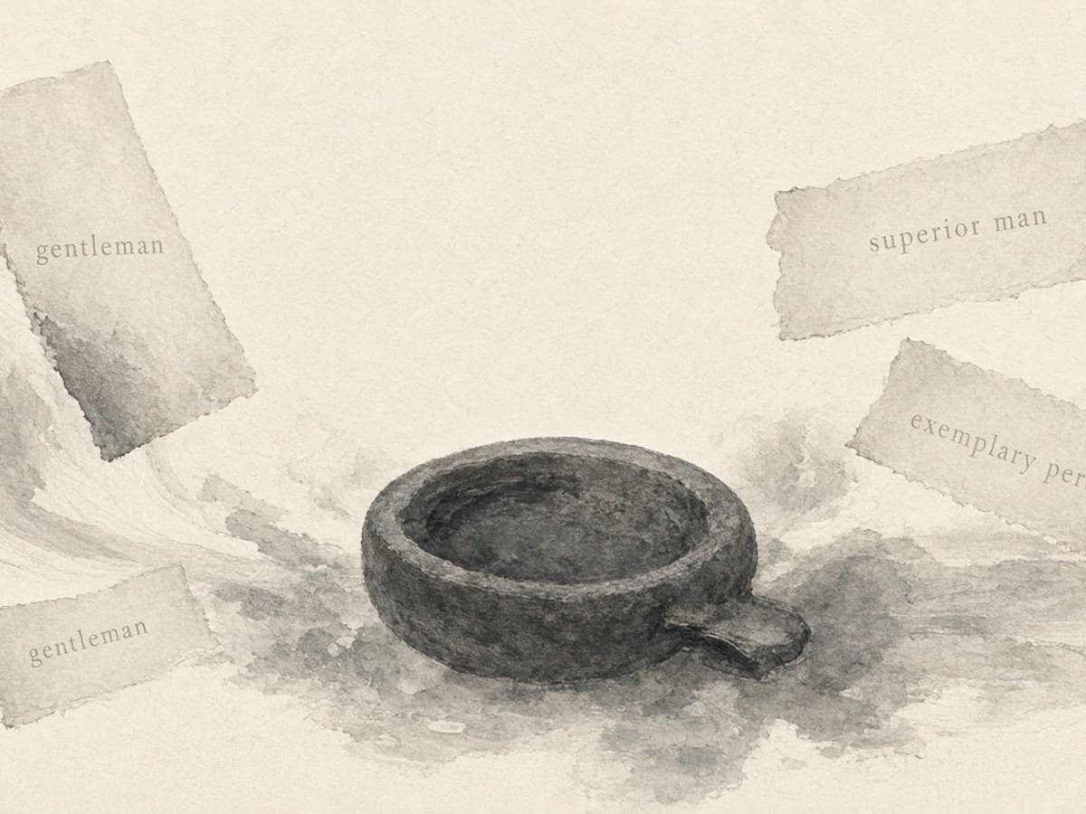 Soft paper slips with competing English glosses (gentleman, superior man, exemplary person) around an empty vessel — translation tension, not a ranking