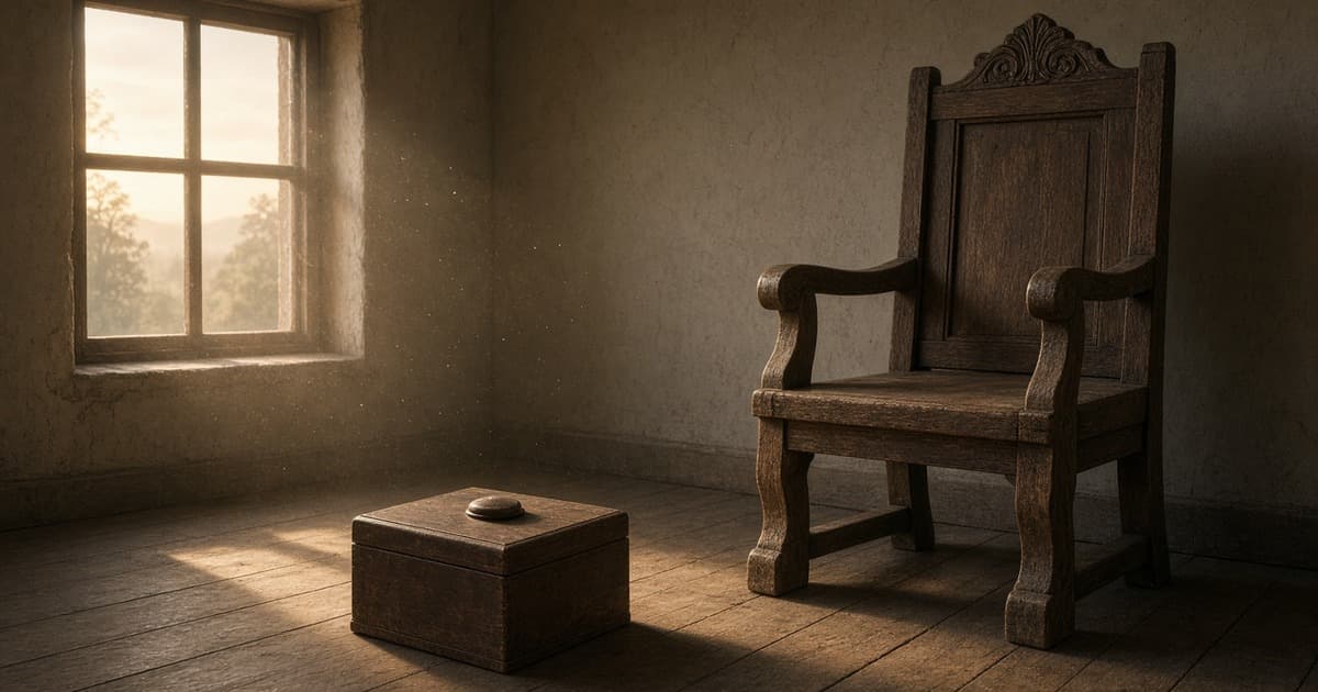 An empty judgment seat at dawn with a closed seal box — a name withheld until a whole life is measured