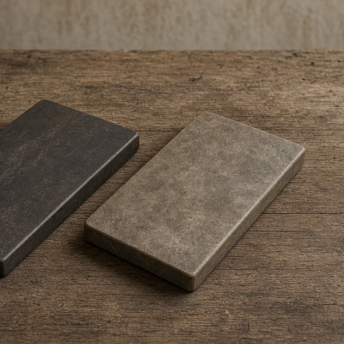 Two recognition tablets left on a plain desk, a third place left blank for a heavier name