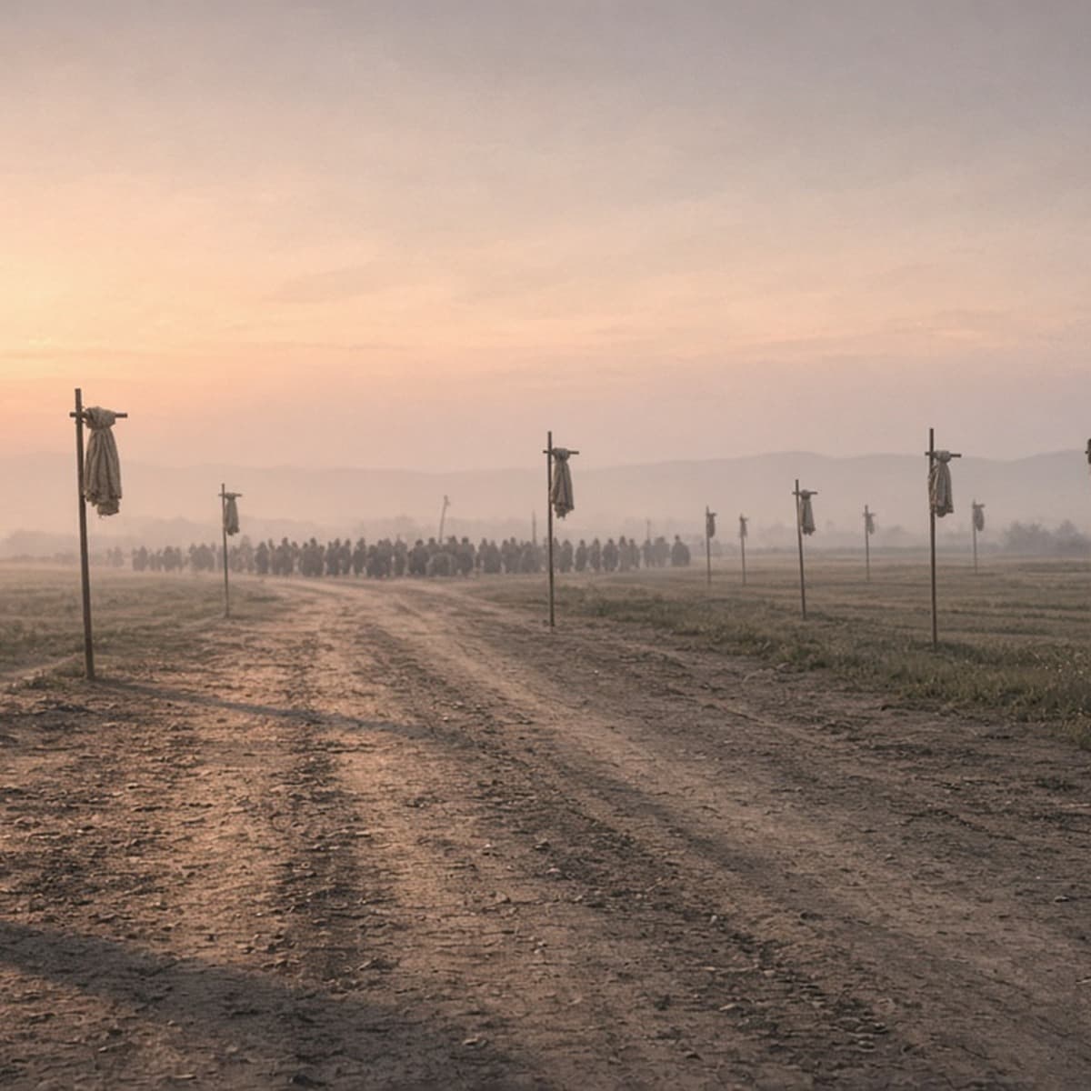 Dawn light on a quiet assembly road where banners rest furled — force unused, people gathered