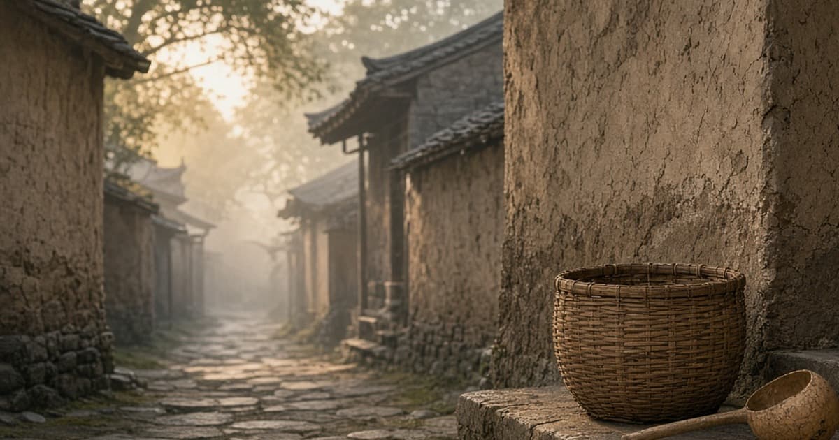 A narrow lane at dawn with a bamboo food basket and a gourd resting on a worn step