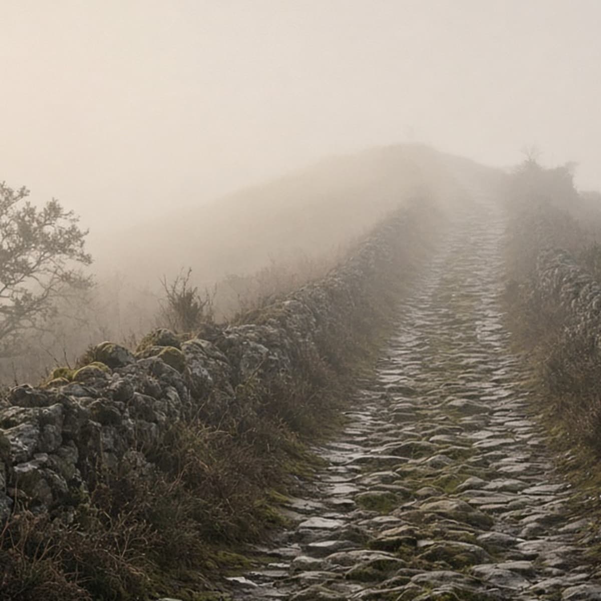 A stone path climbing into morning mist, its high point always a little further ahead