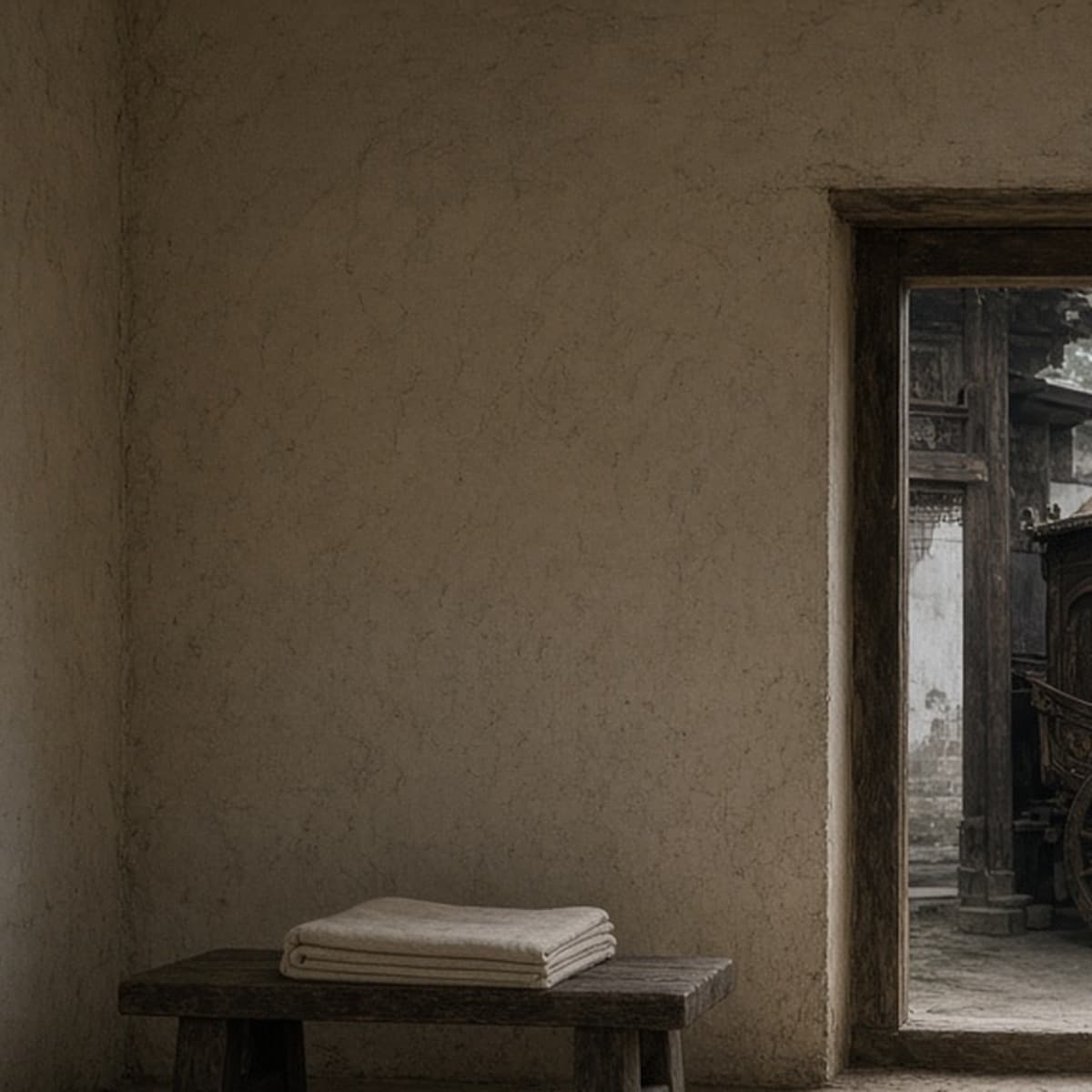 A plain undyed cloth folded in a bare room, an ornate carriage left outside in shadow