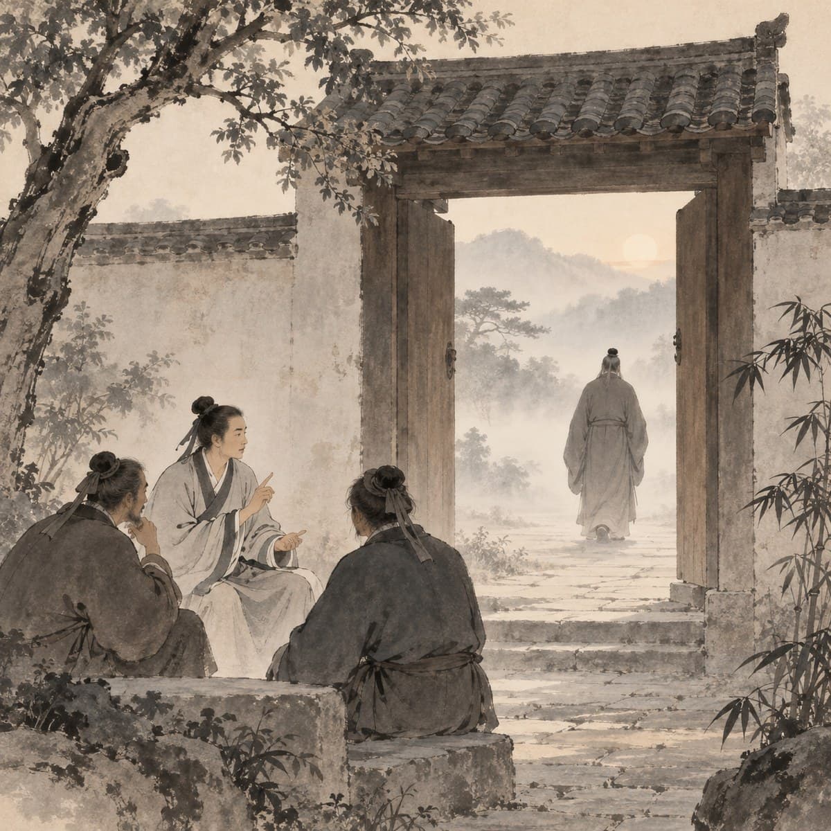 A teacher leaving a courtyard gate while a student stays with questioners — receiving the one-thread teaching