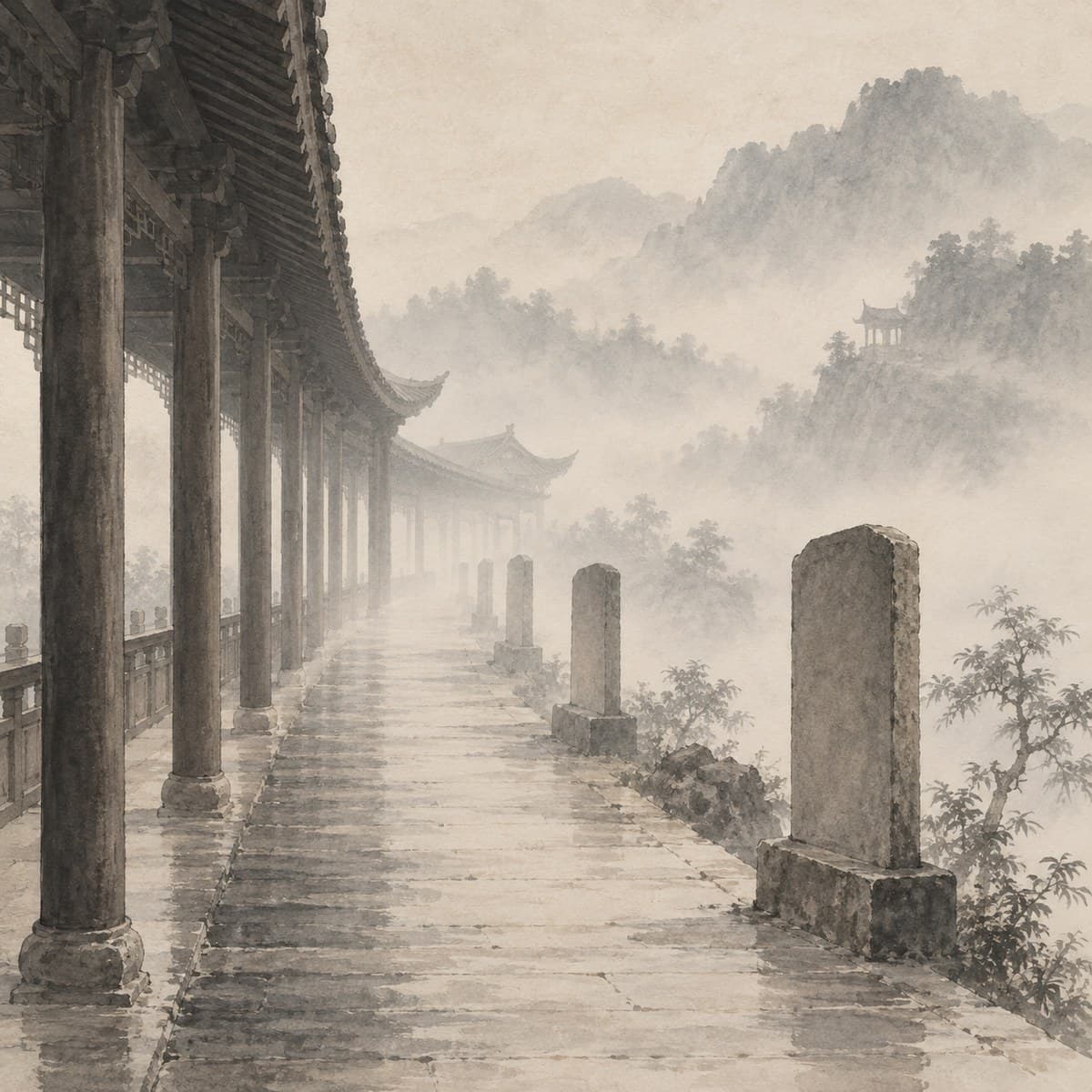 A misted memorial corridor with unlabeled tablets fading into fog — later tradition, not proof