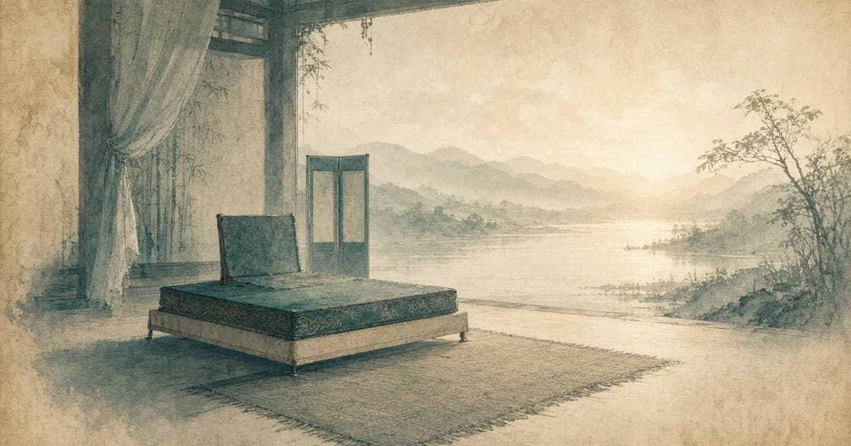 An empty south-facing seat open to misted hills — Zhong Gong, who might face south as a prince