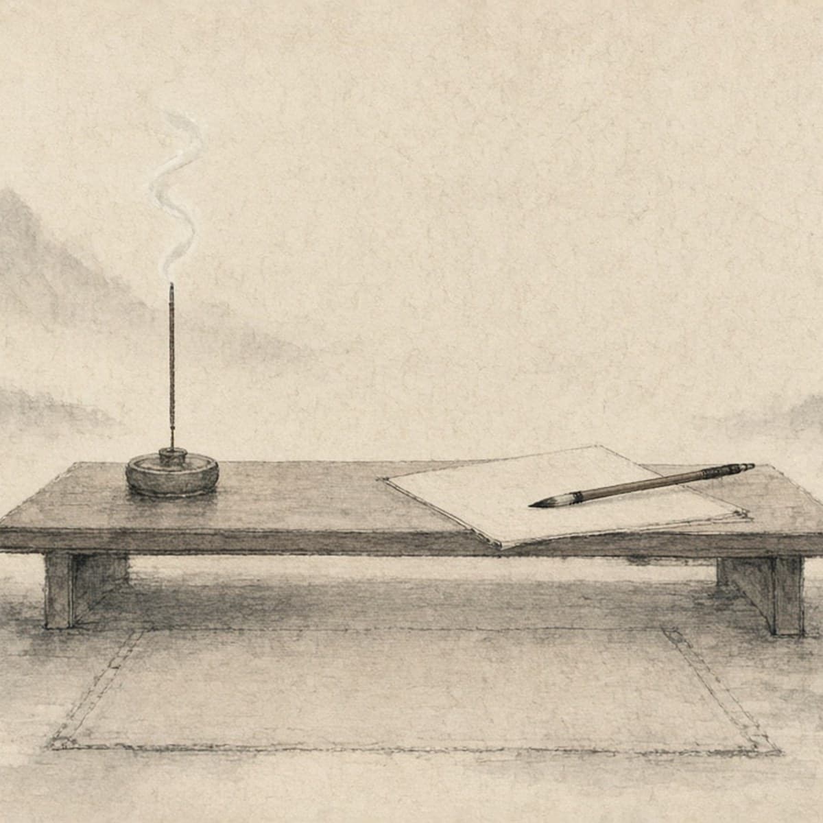Incense and a spare desk with brush and paper — reverence within, simplicity in practice