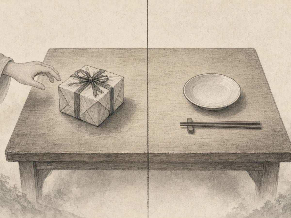 A gift held back at the table’s midline — shu as “do not impose what you refuse,” not an empty bowl